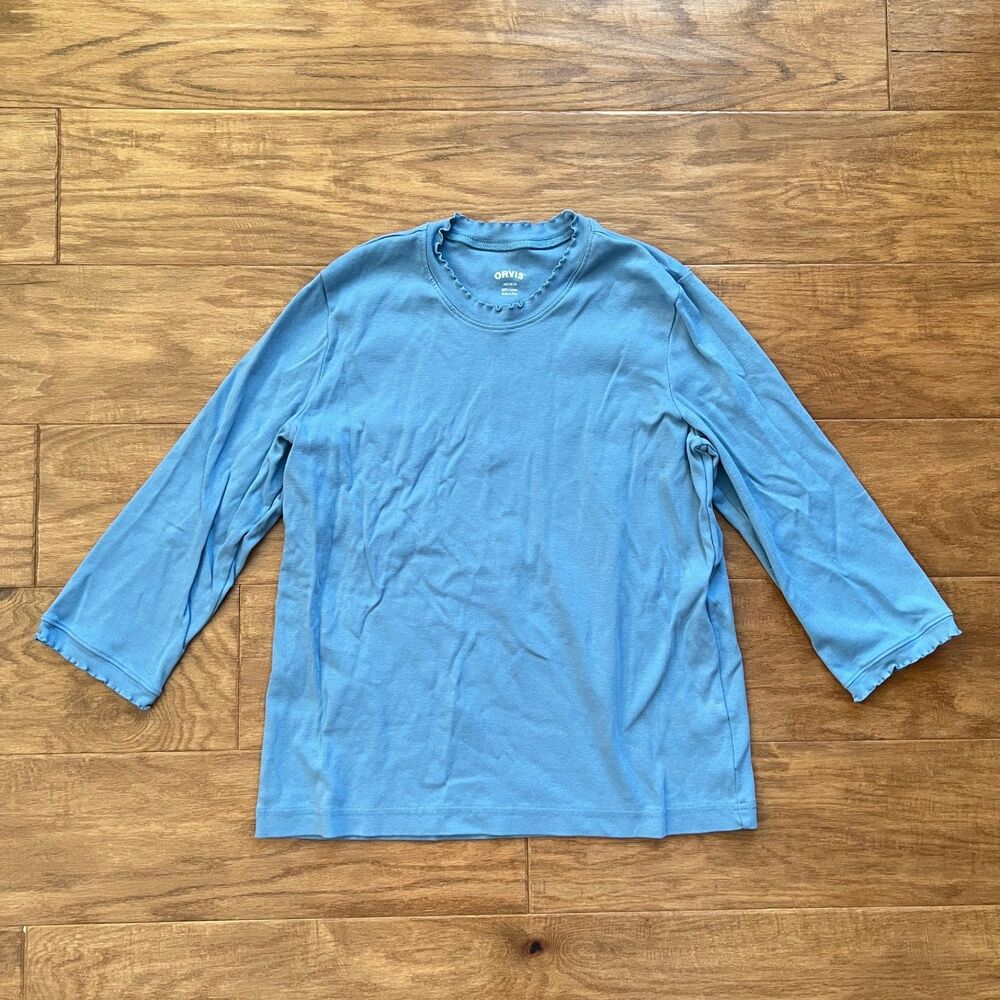 Orvis T-Shirt Women's Size M Blue 3/4 Sleeve Ruffle Edge